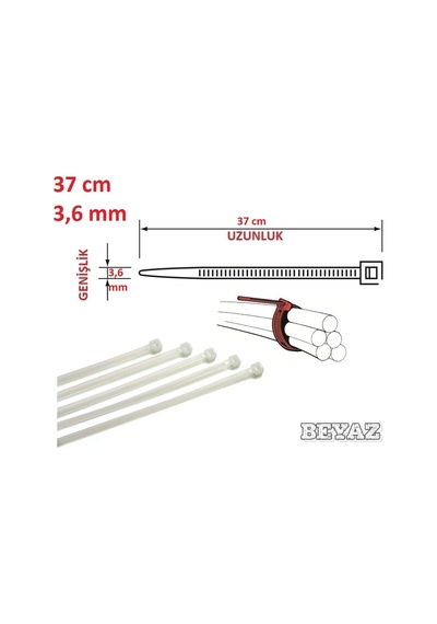 100 Adet Pemsan 37Cm X 3.6Mm Plastik Cırt Kelepçe Beyaz