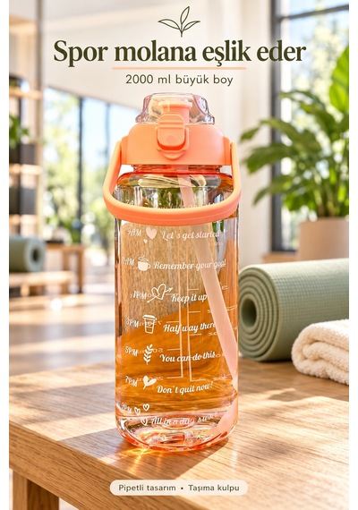 Madamev 3lü Motivasyonel Suluk Matara Seti 2000+750+280 Ml Pipetli Stickerlı Askılı Spor Ve Okul Su Çok Renkli