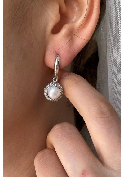 7,5 Mm Kadın Zirkon Taşlı Doğal İnci Küpe Kolye Bileklik Üçlü Set Gümüş