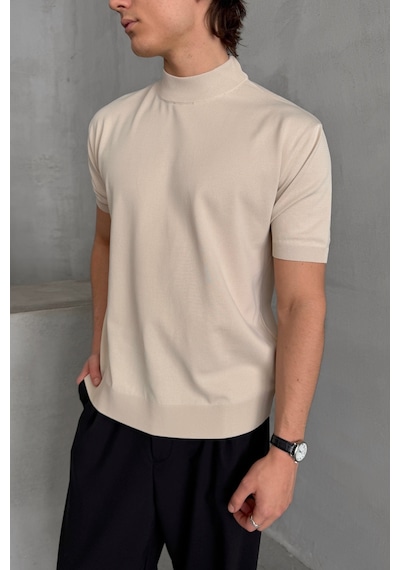 Erkek Oversize Yarım Balıkçı Triko T-shirt Bej