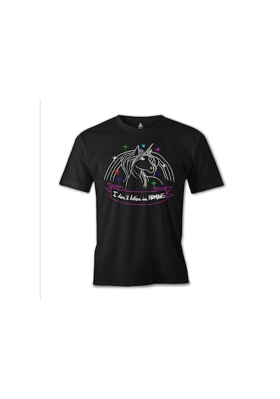 Unicorn I Don't Believe İn Humans Baskılı Siyah Erkek Tshirt 001