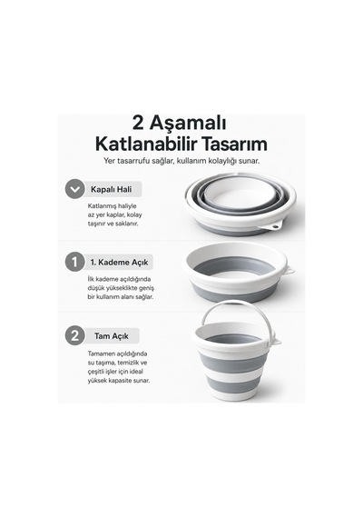Katlanabilir Kova 10 Lt, 2 Aşamalı Silikon Katlanır Kova, Tutma Kulplu Yer Tasarruflu Çok Amaçlı Temizlik Kovası, Çok Renkli