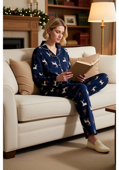 Benerly Kadın Gömlek Yaka Uzun Kol Regular Kalıp Polar Pijama Takımı Fonk lacivert