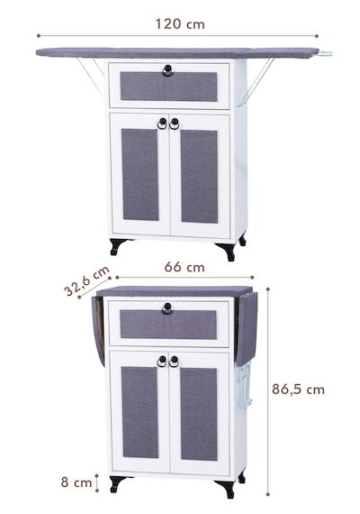 Rose Katlanır Dolaplı Ütü Masası / Ütü Dolabı Beyaz Gövde, Antr