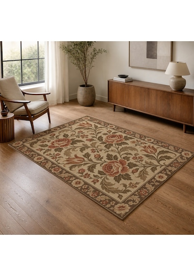 Kartela Halı Vintage Çiçek Bordürlü Halı Bej Kaymaz Taban Makinede Yıkanabilir 160x240 Cm