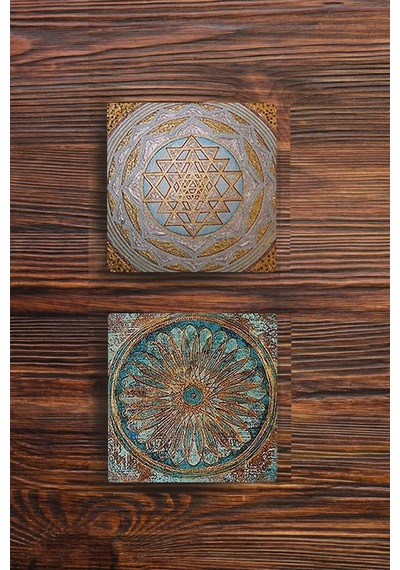 Taş Bardak Altlığı Lotus, Yaşam Çiçeği Baskılı 2'li Set Stone Coasters Çok Renkli