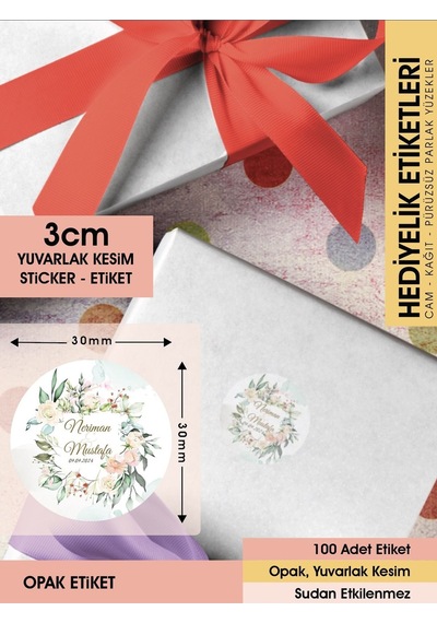 Suluboya Çiçek Modeli 2, Etiket Modeli Ürünlerinize Özel 3cm - 100 Adet Opak Sticker Renkli