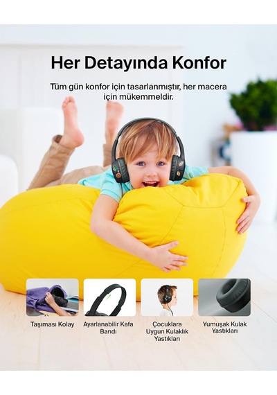 Soundform Mini Kids Kablolu Kulaklık Siyah Usb-c + 3,5 Mm Adaptör, Dahili Mikrofon, 85 Db Ses Sınırı, Eğlenceli Çıkartmalar, İphone, İpad, Galaxy Uyumlu
