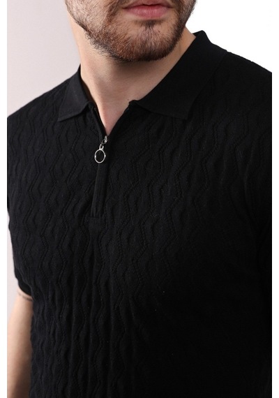 Ferraro Siyah Polo Yaka Fermuarlı Erkek Pamuk Triko T-Shirt-Siyah (417942689) Siyah