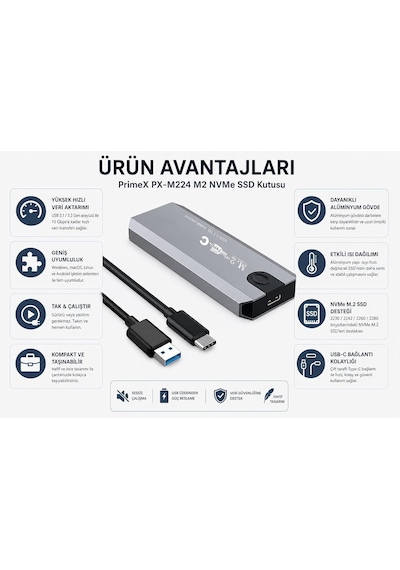 Primex Px-m224 M.2 Nvme Ssd Kutusu, Type-c Usb 3.1/3.2 Harici Ssd Kutu, Pcıe Nvme M.2 Ssd Uyumlu Alüminyum Taşınabilir Disk Muhafazası, Usb-c Hızlı Veri Aktarım Harici Ssd Hdd Kutusu