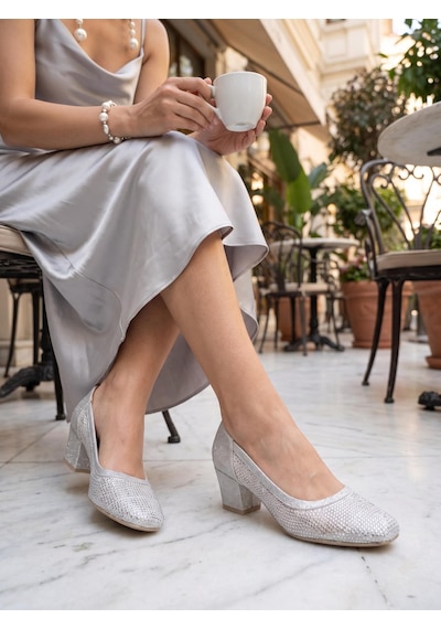 Nesilshoes Nesil Shoes Özma 970 Gümüş Topuklu Taşlı Kadın Ayakkabı GÜMÜŞ
