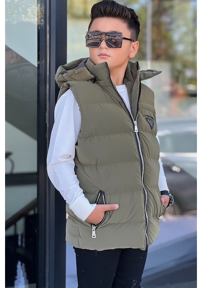 Pina Kids Erkek Çocuk Çıtçıt Kapüşonlu Nova Kumaş Şişme Yelek Ylk3026 Haki