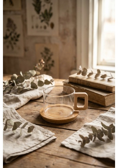 Makri Home Bambu Kulplu Ve Altlıklı Cam Kupa 200 Ml Borosilikat Cam Çok Renkli