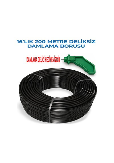 16 'lık 200 Metre Deliksiz Damlama Hortumu Basınca Dayanıklı Bahçe Sulama Damlama Delici Hediyeli