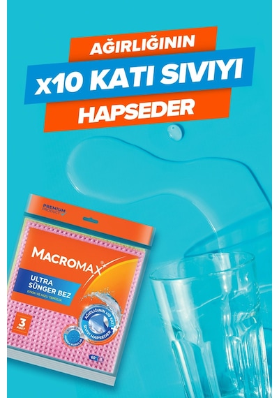 Ultra Sünger Bez 3'lü Paket, Ağırlığının 10 Katı Su Emen Yüksek Performanslı Mutfak Bezi Renkli