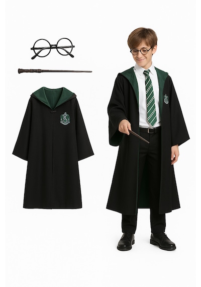 Kg Harry Potter Premium Kostüm Seti Cübbe - Asa - Gözlük Slytherin Yeşil