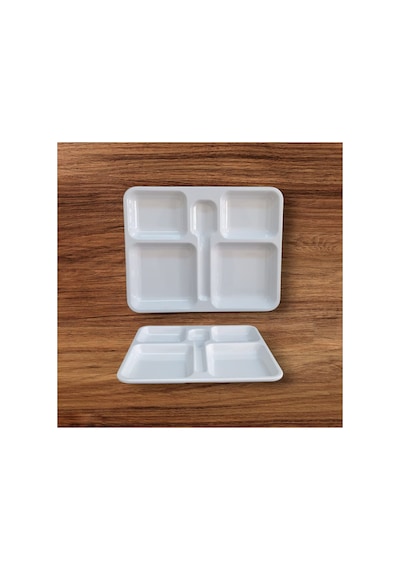 12 Adet %100 Kırılmaz Melamin 5 Bölmeli Tabldot Yemek Servis Tabağı - 34x28 Cm Beyaz Beyaz