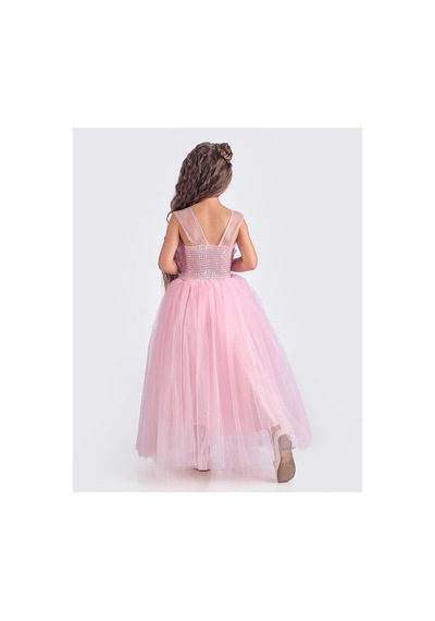 Mnk Baby & Kids Sapes Model Sırt Gipeli Tüllü Kız Çocuk Askılı Saten Abiye Mnk0618 Pembe