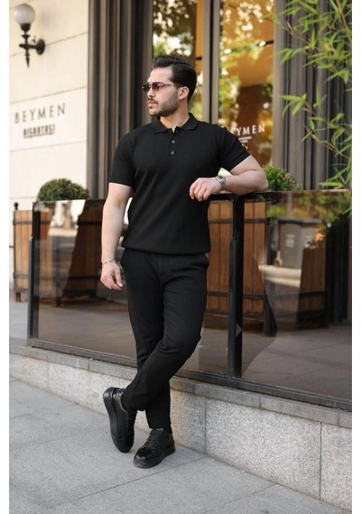 Valensdesign Erkek Düğmeli Yaka Kısa Kollu Triko Tişört Siyah