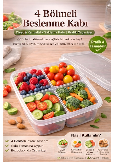 4 Bölmeli 1000 Ml Kahvaltılık Atıştırmalık Beslenme Diyet Kabı Buzdolabı Düzenleyici Organizer Füme - Şeffaf