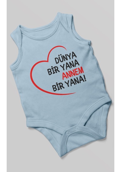 Morivokids Dünya Bir Yana Annem Bir Yana Sıfır Kollu Bebek Zıbını %100 Pamuk Bebe Mavisi