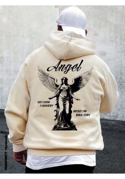 Altamira Unisex Bej Sırt Angel Baskı Kapüşonlu Sweatshirt 001