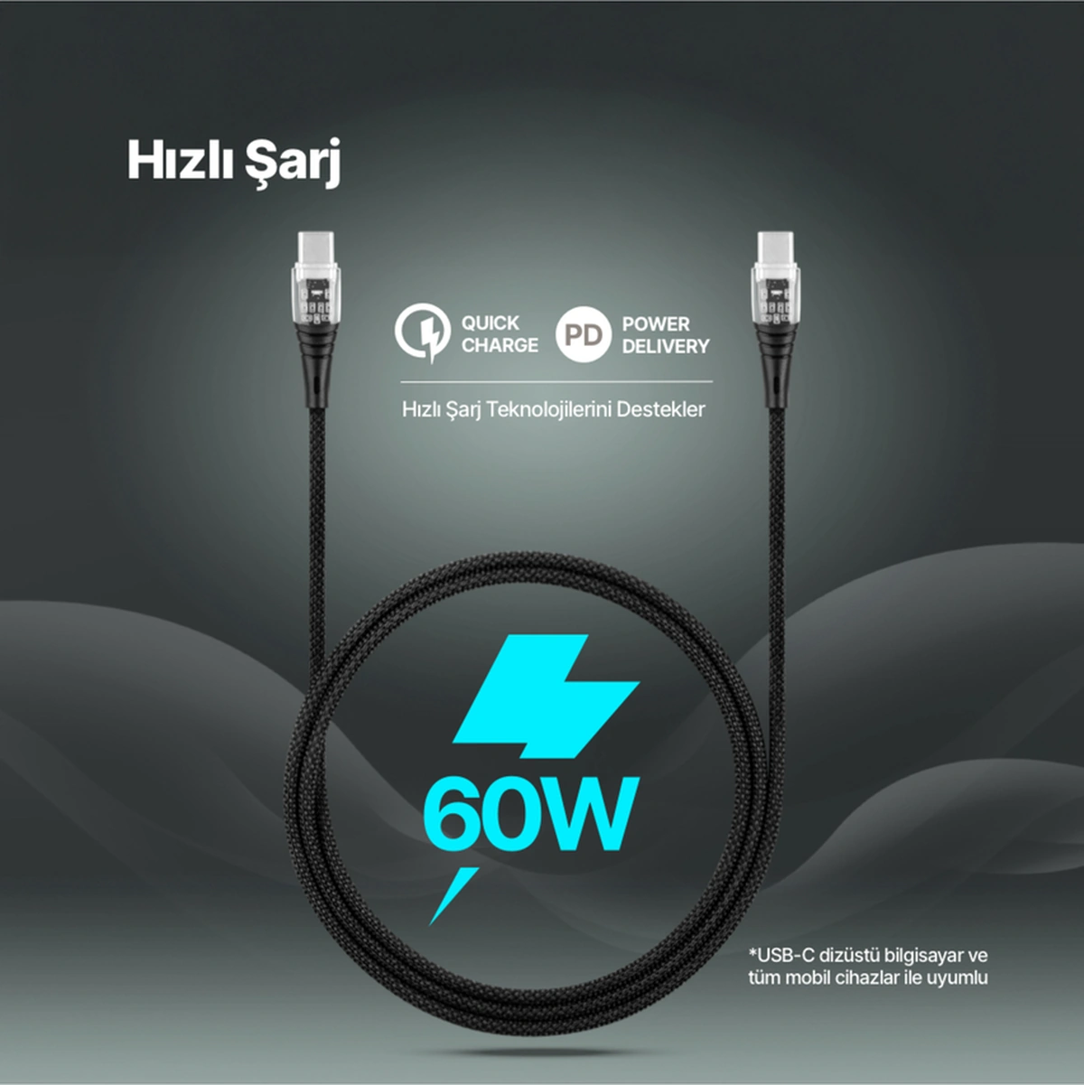 Ekstra Dayanıklı Transparan Usb-c Usb-c 60w Pd/qc 120cm Hızlı Şarj/data Kablosu Siyah 2dk58s