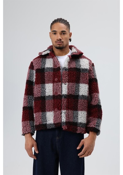 Vamos Oversize Peluş Ekose Ceket Bordo
