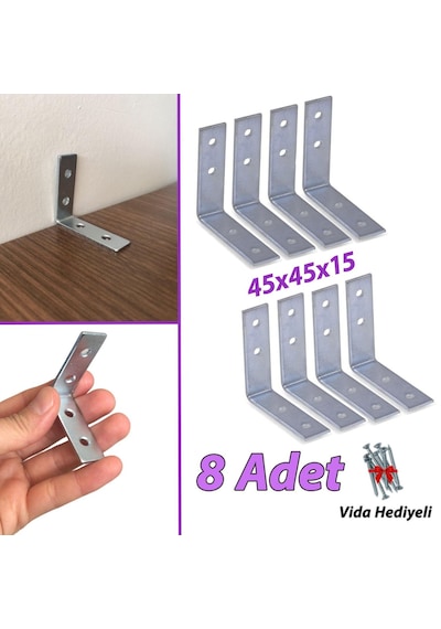 8 Adet Mobilya Eşya Dolap Duvar Sabitleyici Köşe Bağlantı L Demir Gönye Deprem Güvenliği 45x45x15mm