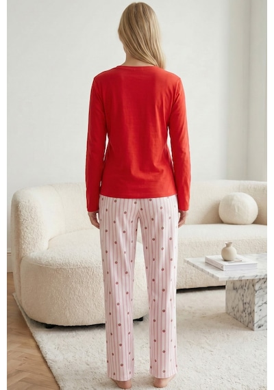 Siyah İnci Pamuklu Likralı Örme Pijama Takım 26240312 Kırmızı