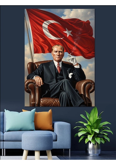 Ahşap Tablo Koltukta Oturan Gururlu Atatürk Portresi
