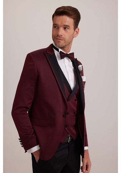 Ysf Erkek Bordo Kırlangıç Yaka Yelekli Slim Fit Desenli Damatlık