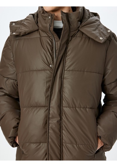 Koton Slim Fit Kapşonlu Suni Deri Şişme Mont Kahverengi 5wam20034hw Kahve Kahverengi
