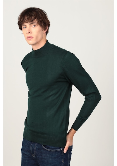 Tudors Slim Fit Dar Kesim Yarım Balıkçı Yaka Düz Erkek Kazak-25722 Yeşil