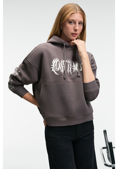 Grimelange ALIRAYNE Kadın Baskılı Oversize Kapüşonlu Kanguru Cep Antrasit Sweatshirt