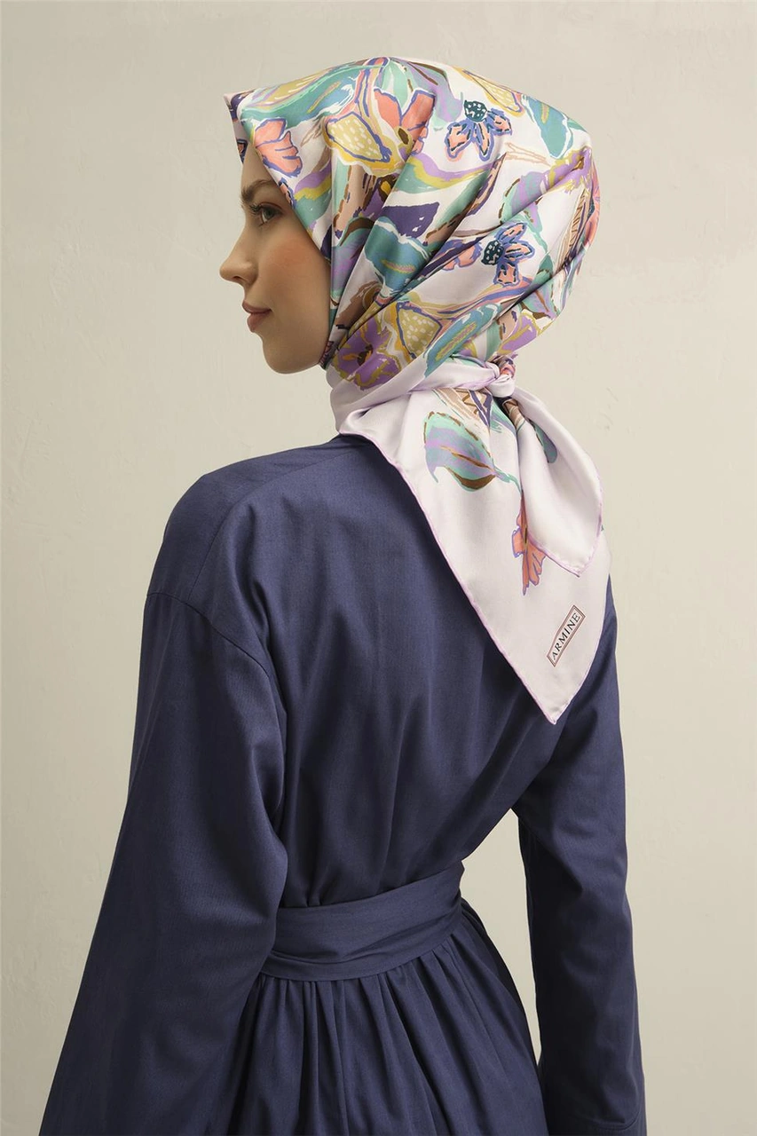 Armine Çiçek Desenli Saf İpek Twill Eşarp 9332d 33 Lila
