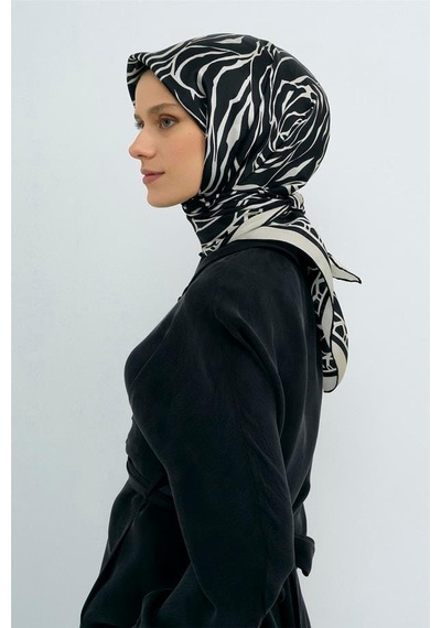 Armine İpek Eşarp 2026 Yaz - 9511-14 Siyah Ekru Twill