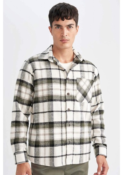 DeFacto Regular Fit Normal Kesim Kareli Oduncu Flanel Uzun Kollu Gömlek D1659AX24AUKH206 Haki