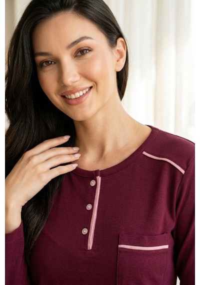 Aura Collections Kadın Pamuklu Uzun Kollu Üç Düğmeli Biyeli Soft Örme Pijama Takımı Mor