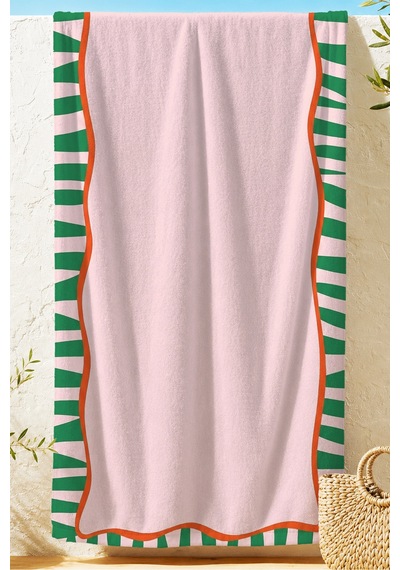 Çizgili Modern Pembe Yeşil Plaj Havlusu - Akdeniz Stil Dalgalı Form Hızlı Kuruyan Mikrofiber Havlu Serin Zambak