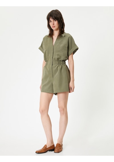 Koton Oversize Şort Tulum Gipeli Cep Detaylı Kısa Kollu Haki 4SAK80007UW Haki