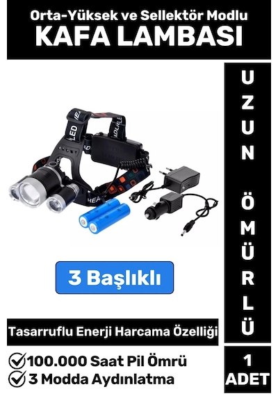 Profesyonel Kamp Avcı Balıkçı Deprem Güçlü Işık 3 Modlu Şarjlı 3 Başlıklı Kafa Lambası Çok Renkli