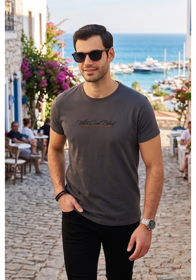 Buratti Pamuklu Slim Fit Bisiklet Yaka Yazılı Erkek T Shirt 541Enjoy Füme