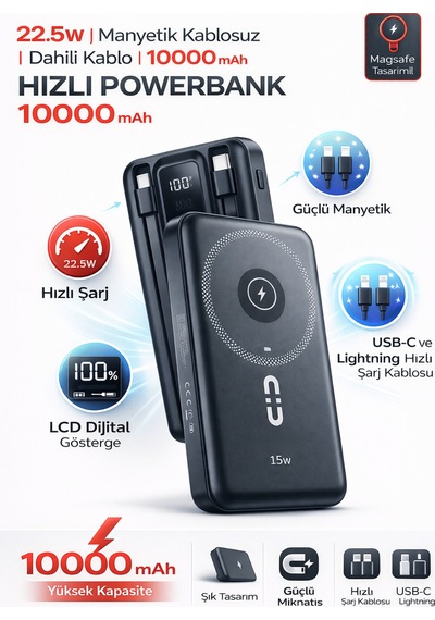 22.5w Hızlı Şarj 10.000 Mah Kablosuz Powerbank Dahili Kablolu Taşınabilir Şarj Cihazı Magsafe Uyumlu Siyah