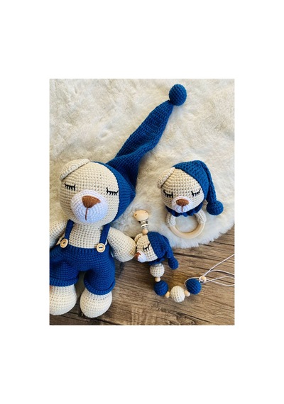 Adenya Sepeti Sepeti Masala Ayıcık Set Lacivert Renk Örgü Amigurumi Oyuncak + Diş Kaşıyıcı + Emzik Askısı
