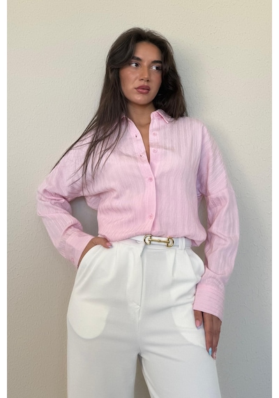 Madmext Pembe Uzun Kollu Çizgili Oversize Gömlek Mg2080 Pembe