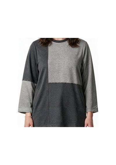 Gala-xi Kadın Büyük Beden Blok Desenli Bisiklet Yaka Uzun Kollu Sweatshirt Gri