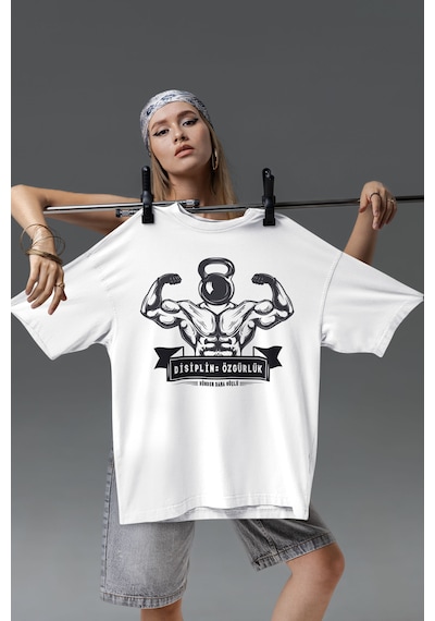 Fitness Dijital Baskılı Unisex Tshirt, Günlük Kullanıma Uygun Pamuklu Regular Tshirt Beyaz