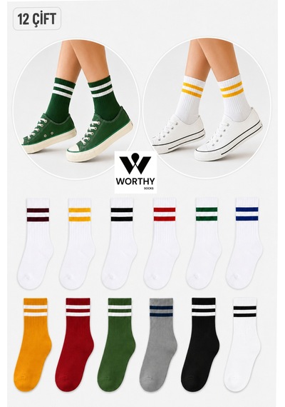 Worthy Socks 12'li Çok Renkli Çizgili Pamuklu Kolej Çorap