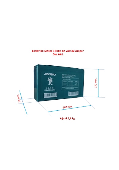 Monero Elektrikli Motor E Bike 12 Volt 32 Amper Dar Akü 267x78x170